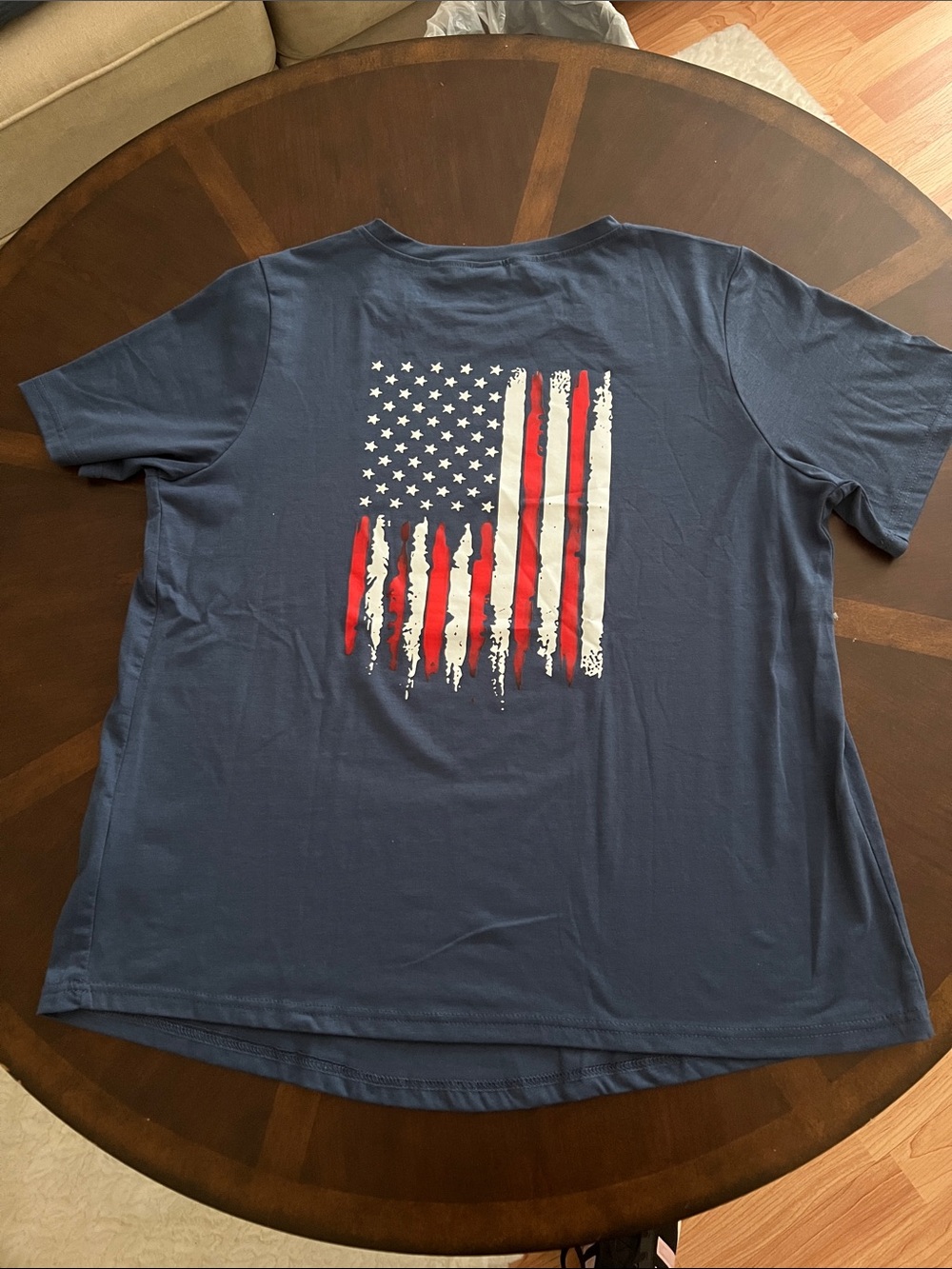 SHEIN Navy Short Sleeve Tee with Distressed Red & White Flag Print